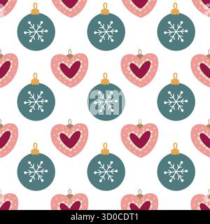 Motivo natalizio senza cuciture con decorazioni a forma di cuore e fiocco di neve Illustrazione Vettoriale