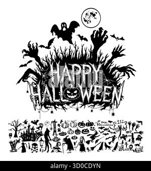 Set di silhouette Halloween. Disegnato a mano. Non ai, illustrazione vettoriale. Illustrazione Vettoriale