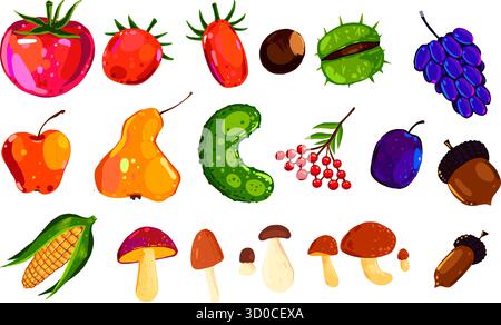 Illustrazione vettoriale della raccolta mista di frutta e verdura. Cibo sano disegnato a mano e funghi isolati su sfondo bianco Illustrazione Vettoriale