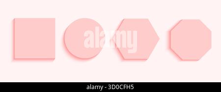 Set di podi geometrici rosa, piattaforme per la presentazione dei prodotti o pulsanti vista dall'alto. Raccolta di forme di base quadrate, rotonde, esagonali e ottagonali con ombre. Illustrazione realistica vettoriale. Illustrazione Vettoriale