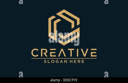 Moderno logo geometrico a cinque lati in elegante colore oro, su un sofisticato sfondo blu navy. Questa grafica vettoriale creativa è ide Illustrazione Vettoriale