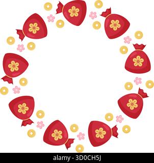 Incorniciatura con la borsa Red Fortune decorata con monete e splendidi fiori, che rappresenta ricchezza e buona fortuna Illustrazione Vettoriale