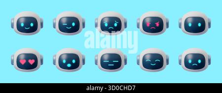 Emoji robot 3D con più emozioni ed espressioni. Futuristiche icone mascotte chatbot ai, simpatici volti digitali dei cartoni animati isolati sul bianco Illustrazione Vettoriale