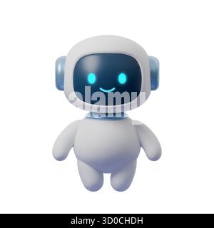 Simpatica mascotte robot in 3D con volto luminoso e assistente di intelligenza artificiale sorridente. Futuristico bot cartoon isolato su bianco, illustrazione digitale per la tecnologia Illustrazione Vettoriale