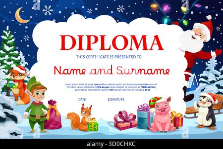 Diploma di Natale per le vacanze invernali. Modello vettoriale con Babbo Natale, elfo, maiale, pinguino, scoiattolo e volpe arancione con tazza di cioccolata calda. Diploma di cartoon Award con abete rosso, slitta e regali Illustrazione Vettoriale