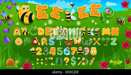 Tipo apiario cartoni animati, font api miele, simpatico carattere apicoltura, alfabeto inglese per bambini. Educare i bambini con simpatici insetti di api da miele e oggetti apiari, lettere, numeri e segni Illustrazione Vettoriale
