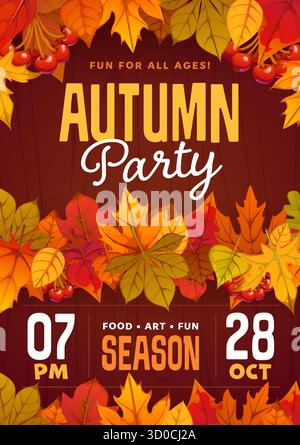 Poster o volantino della festa autunnale decorato con foglie e frutti di bosco gialli, arancioni e rossi intorno ai bordi dello sfondo in legno. Festa autunnale e invito vettoriale con foglie autunnali Illustrazione Vettoriale