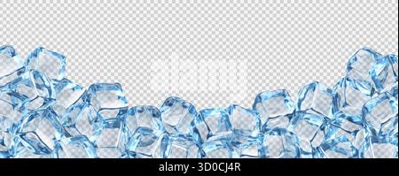 Cubi di ghiaccio realistici sfondo con cornice di blocchi di ghiaccio in cristallo, vettore trasparente. Cubetti di ghiaccio di acqua fredda ghiacciata con consistenza fredda e fusione lucida di cubetti di ghiaccio ghiacciati su sfondo trasparente Illustrazione Vettoriale