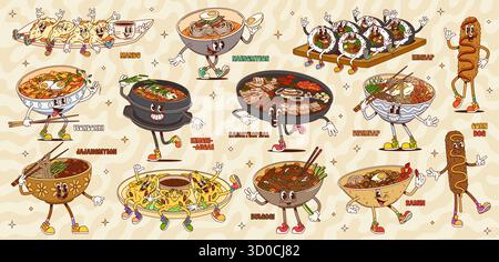 Personaggi della cucina coreana di Cartoon Groovy. I noodle asiatici hippie retrò e la zuppa di riso servono personaggi vettoriali con kimchi, carne barbecue e involtini di pesce. Ramen psichedelico, cane di mais, gnocchi Illustrazione Vettoriale
