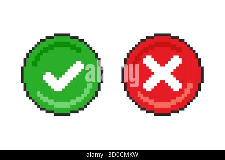 Design delle risorse di gioco delle icone di approvazione e rifiuto pixel art Illustrazione Vettoriale