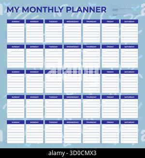 Modello di pianificazione mensile colorato – Layout organizzatore calendario stampabile - Design vettoriale - colore blu Illustrazione Vettoriale