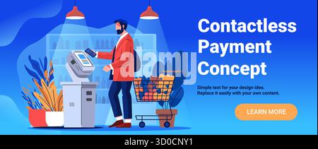Concetto di pagamento contactless uomo che utilizza la cassa per smartphone supermercati alimentari tecnologia retail moderna banner Web su sfondo blu Illustrazione Vettoriale