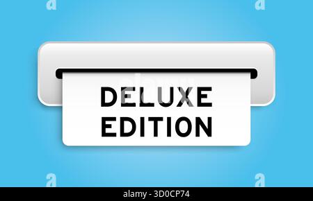 Banner coupon bianco con Word deluxe Edition prodotto dalla macchina su sfondo blu Illustrazione Vettoriale