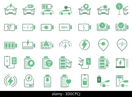 Icone della stazione di ricarica. Caricabatterie per veicoli elettrici con livello di carica della batteria, indicatori di carica del telefono e del power Bank, simboli di ricarica wireless. Vettoriali Illustrazione Vettoriale