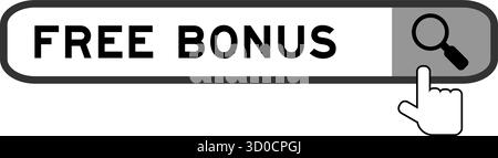 Cerca banner in Word free bonus con l'icona della lente di ingrandimento a mano su sfondo bianco Illustrazione Vettoriale