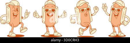 Funky personaggio dei cartoni animati hot dog in berretto e occhiali da sole in un'illustrazione piatta vettoriale sagomata. Fast food sorridente e allegro con salsiccia e mascotte per il pane Illustrazione Vettoriale