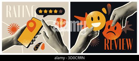 Collage mezzitoni alla moda. Striscioni astratti moderni con texture realistiche e granulosità che reggono smartphone ed emoji. Feedback, recensioni, valutazioni. Vettore Illustrazione Vettoriale