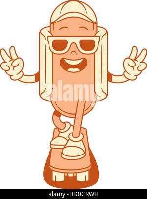 Illustrazione piatta del vettore sagomato dello skateboard dei cartoni animati hipster Hot dog. Funky cool teenager fast food con salsiccia, mascotte in occhiali da sole Illustrazione Vettoriale