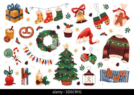 Set di adesivi per il nuovo anno o icona del vettore di Natale. Elemento per le vacanze invernali o simbolo delle feste stagionali. Abete e corona, panetteria e regalo di dicembre, confezione regalo, ghirlanda e cibo, berretto e bolla di Babbo Natale. Illustrazione Vettoriale