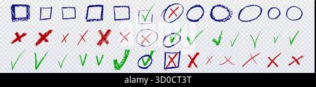 Vota il set di spaghetti con quadrati e cerchi disegnati a mano, croci e segni di spunta in blu, rosso e verde per moduli o sondaggi. Simboli di selezione dello schizzo e marcatori di approvazione per i questionari. Illustrazione Vettoriale