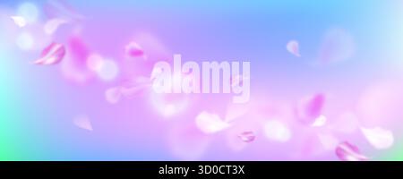 Striscione primaverile da sogno con petali sakura ed effetti bokeh per sfondi romantici. I fiori rosa fluttuano su sfumature di viola e blu tenui con macchie luminose brillanti. Fiori di ciliegio per design stagionali. Illustrazione Vettoriale