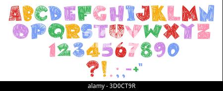 Set tipografico con alfabeto pastello disegnato a mano, numeri e simboli di punteggiatura in un vivace stile multicolore. Collezione di lettere adatta ai bambini con tratti tratteggiati testurizzati su sfondo bianco. Illustrazione Vettoriale