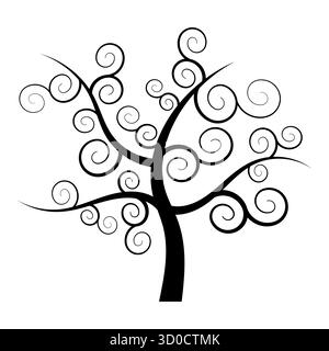 Sagoma dell'illustrazione decorativa dell'albero di turbolenza. Un albero decorativo con rami a spirale. Perfetto per progetti di design, tatuaggi, loghi, inviti. Illustrazione Vettoriale
