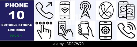 Le icone della linea di traccia modificabili del telefono sono isolate su sfondo bianco con dieci icone Illustrazione Vettoriale
