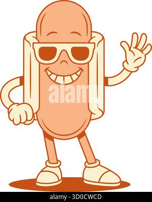 Simpatico personaggio fumettistico dei cartoni animati hot dog in un'illustrazione piatta vettoriale sagomata con occhiali da sole. Fast food sorridente e felice con salsiccia e mascotte di pane in estate Illustrazione Vettoriale