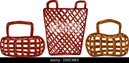 Illustrazione vettoriale dei cesti da picnic intrecciati. Set di stoccaggio in vimini disegnato a mano isolato su sfondo bianco Illustrazione Vettoriale