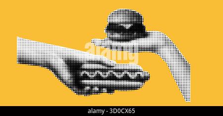 La mano racchiude gli elementi con un mezzitono e un hamburger per un poster di fast food o pop art dal design vintage retrò. Illustrazione Vettoriale