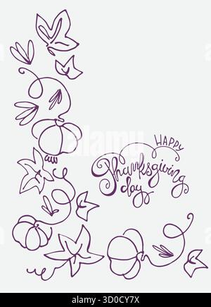 Design per le festività del Ringraziamento. Scritte a mano in un unico colore con ghirlande di zucche e foglie di zucca. Modello biglietto d'auguri, logo, emblema Illustrazione Vettoriale