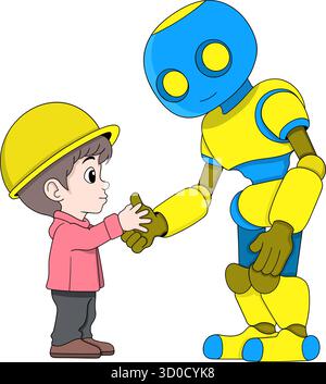 Illustrazione vettoriale di cartoni animati che mostra umani e robot che collaborano a progetti futuristici Illustrazione Vettoriale