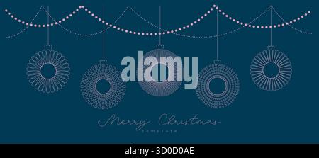 Buon Natale di lusso, baubles di buon anno, palle, giocattoli, banner linea invernale, carta, modello poster. Decorativo per le festività, rotondo vettoriale natalizio Illustrazione Vettoriale