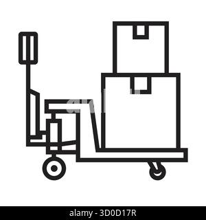 Martinetto manuale per pallet che trasporta due scatole di cartone. Semplice design della linea di traccia isolato su sfondo bianco. Logistica, magazzino, merci e consegne Illustrazione Vettoriale