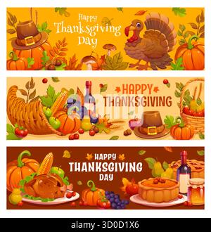 Striscioni del giorno del Ringraziamento con vendemmia, zucche, tacchino, funghi e cornucopia, uva, mele, vino, torta, cappello da pellegrino e foglie d'autunno. Biglietti di auguri natalizi vettoriali o di ringraziamento Illustrazione Vettoriale