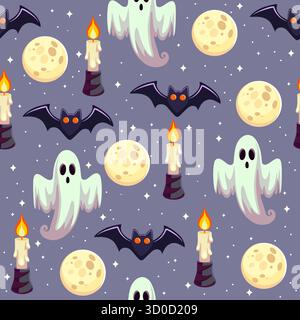 Halloween senza cuciture con fantasmi, pipistrelli, candele e luna Illustrazione Vettoriale