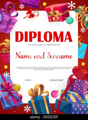 Modello vettoriale del certificato di diploma di Natale. Lettera di premiazione per le vacanze di Babbo Natale con cornice da regali, baule in vetro, canna da zucchero, stelle e fiocchi di neve. Diploma di vincitore di cartoni animati con area per testo Illustrazione Vettoriale