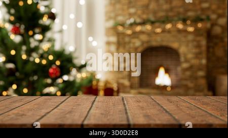 Tavolo da lavoro vuoto in legno a parte gli alberi di Natale e caminetto dorato con illuminazione sfocata nel soggiorno. Visualizzazione del prodotto, rendering 3D, illustrazione 3D. Foto Stock