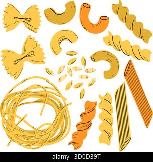 Vari tipi di tagliatelle. Collezione di pasta diversa. Farfalle, penne, spaghetti, maccheroni, orzo e fusilli. Cucina italiana. Illustrazione vettoriale Illustrazione Vettoriale