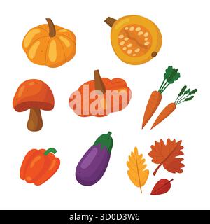 Raccolta di verdure e foglie autunnali Illustrazione Vettoriale