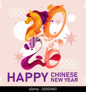 Bandiera orientale zodiaco New Horse Year. Poster delle festività cinesi vettoriali per inviti o saluti. Cartello CNY o tessera festiva 2026. Cina o segno zodiacale asiatico. Equitazione Xin Nian Kuai le. Illustrazione Vettoriale
