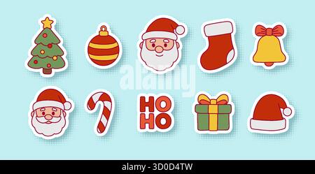 Set di adesivi natalizi con Babbo Natale, albero, regali e ornamenti. Graziose icone delle vacanze dei cartoni animati con contorno bianco, ombre e mezzitoni effetto retrò Illustrazione Vettoriale