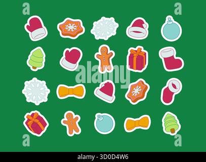Set di adesivi natalizi con elementi natalizi. Simpatici regali di cartoni animati, biscotti, ornamenti, archi, guanti, cappelli e fiocchi di neve. Illustrazione vettoriale per Illustrazione Vettoriale