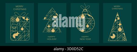 Illustrazione astratta geometrica vettoriale moderna di Babbo natale, albero di natale, giocattoli e palle di abete, pupazzo di neve Illustrazione Vettoriale