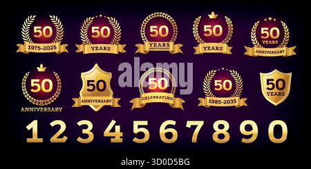 Distintivo dell'anniversario d'oro. Logo VIP per festeggiamenti nuziali da 50 anni, design semplice ed elegante con etichetta di lusso con numero d'oro per la festa di compleanno. Veicolo di lusso Illustrazione Vettoriale