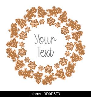 Girano la corona di Natale con uomini di pan di zenzero, alberi e fiocchi di neve. Illustrazione vettoriale isolata su sfondo bianco. Illustrazione Vettoriale