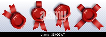 Set di francobolli in cera rossa con decorazioni a nastro per certificati e diplomi - distintivi lucidi in rilievo con inserti in raso. Elementi di autenticazione premium per premi, lettere o documenti ufficiali. Illustrazione Vettoriale