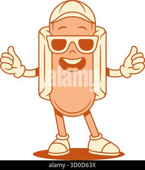 Simpatico personaggio dei cartoni animati hot dog in occhiali da sole con cappello sagomato, illustrazione piatta vettoriale. Fast food stravagante e sorridente con salsiccia e menu estivo con mascotte di pane Illustrazione Vettoriale