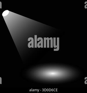 Palcoscenico con faretto bianco su sfondo nero, luce di illustrazione vettoriale che splende sul pavimento Illustrazione Vettoriale